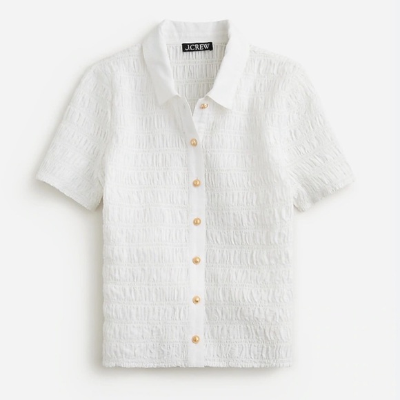 J. Crew Top Smocked button-up shirt in cotton-blend voile / white / Sz. L - Picture 4 of 12